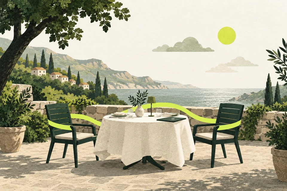 Two green chairs facing each other, linked by a lime ribbon beside a small table.