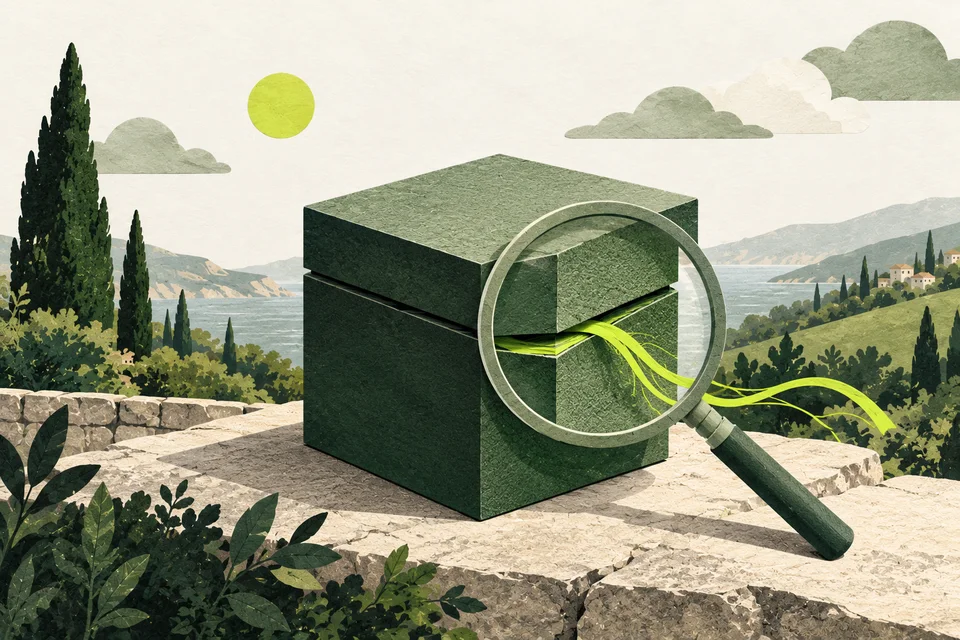 Una lente salvia osserva una fessura in un cubo verde, da cui emerge un filo lime.