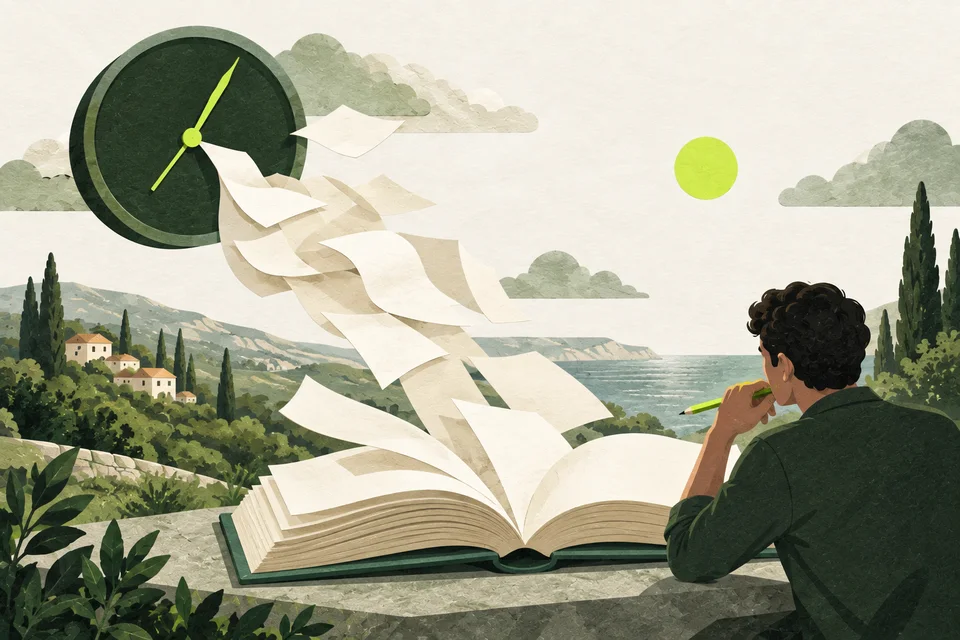 Blank pages flow from a numberless clock into a book, beside a lime pencil.