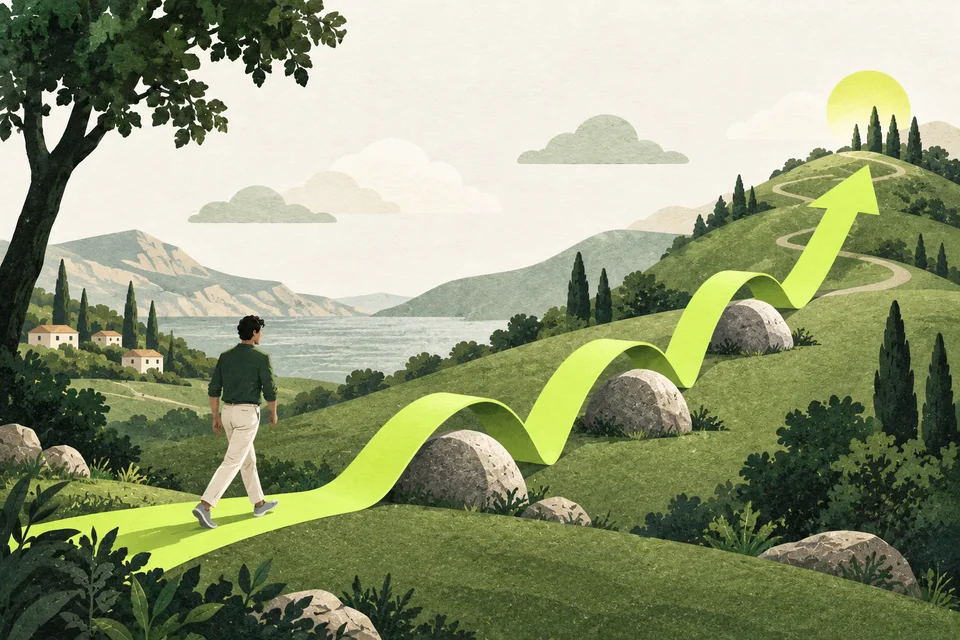 Un sentiero a forma di freccia lime supera massi e risale una collina.