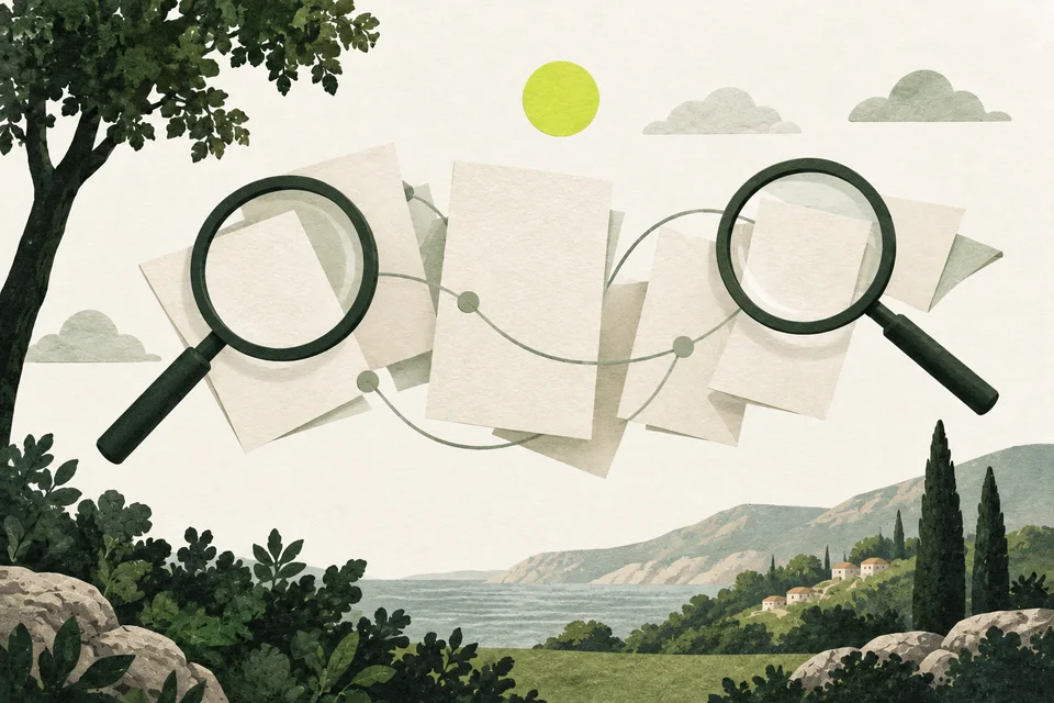 Two green magnifying glasses examine a fan of cream sheets linked by sage ribbons.