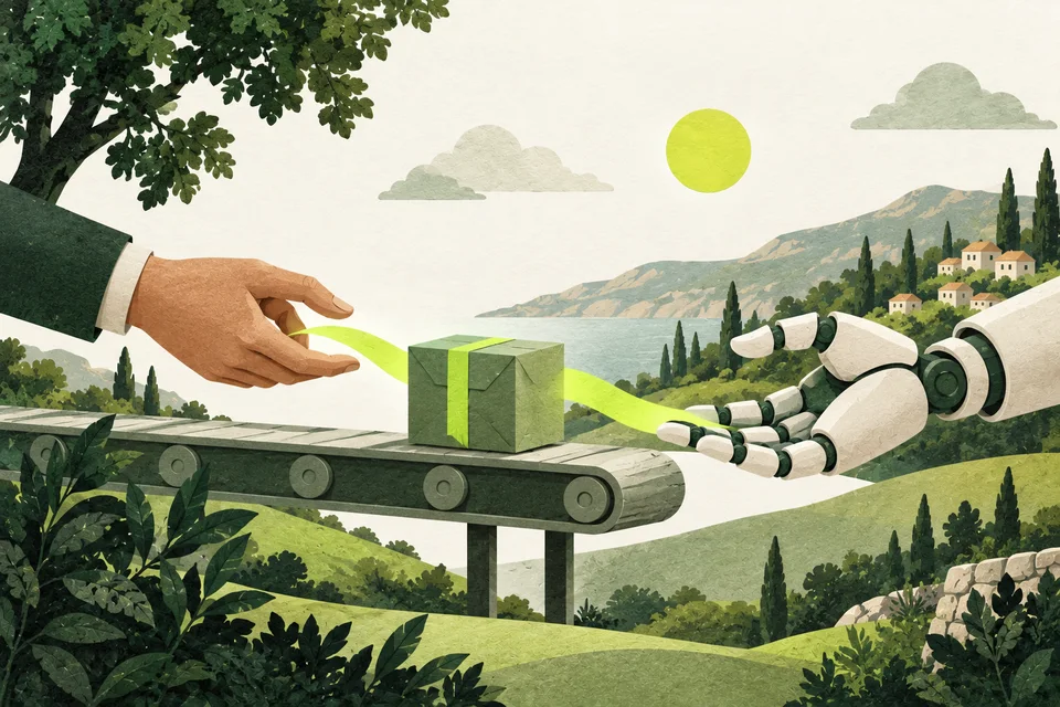 A green parcel on a sage conveyor between a paper hand and a mechanical hand, linked by a lime ribbon.