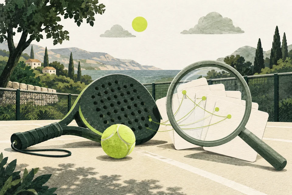 A green padel racket and lime ball beside a magnifying glass examining blank cards.