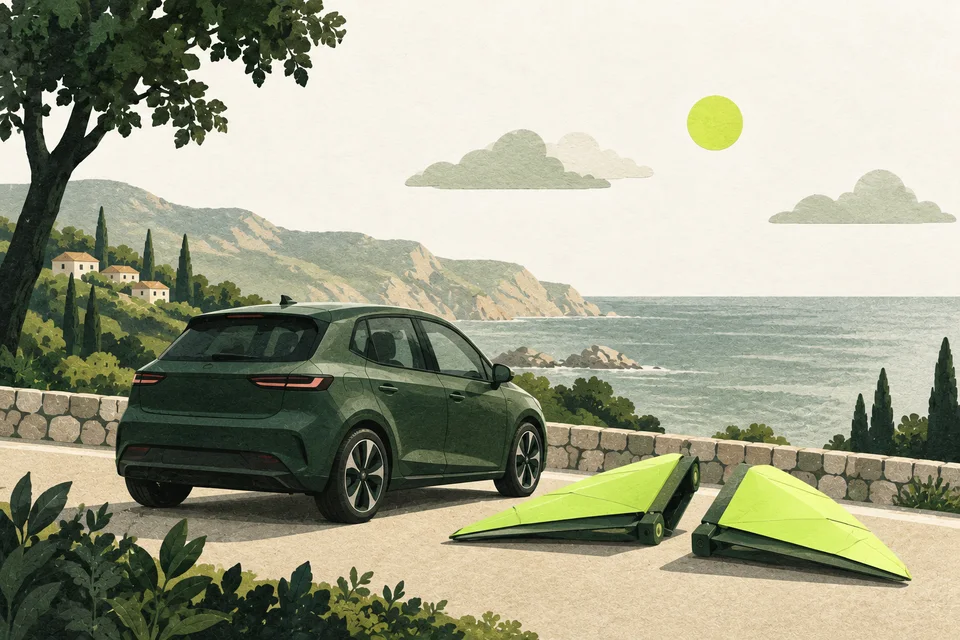 A green car parked on a coastal road beside two folded paper wings.