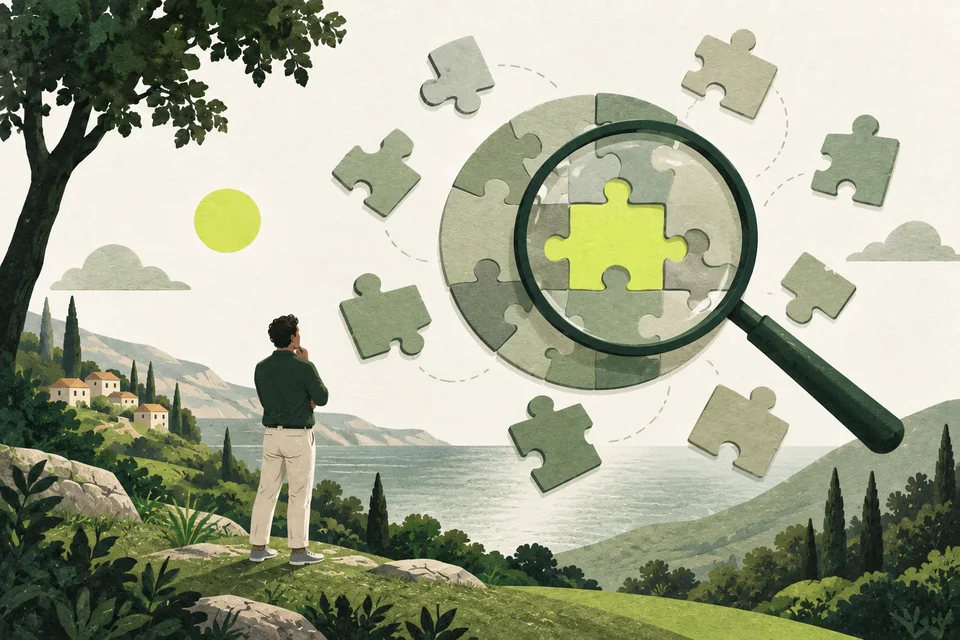 A green magnifying glass focuses on a lime piece among puzzle pieces.