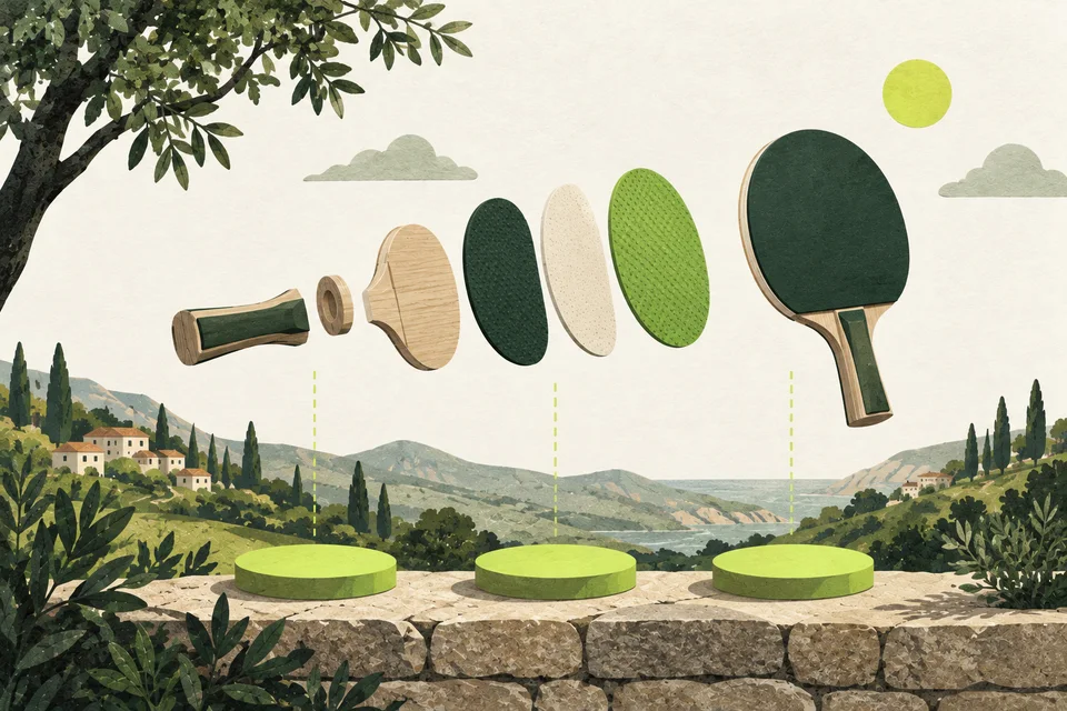 Green and cream paper layers form a table tennis paddle beside three small lime steps.