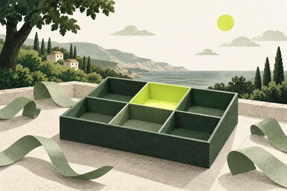 Un contenitore di carta con scomparti verdi, uno solo illuminato lime, e nastri salvia all’esterno.