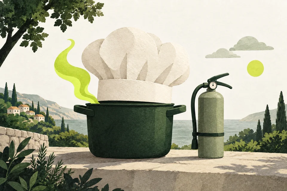 Una pentola con cappello da cuoco, una piccola fiamma lime e un estintore verde salvia.