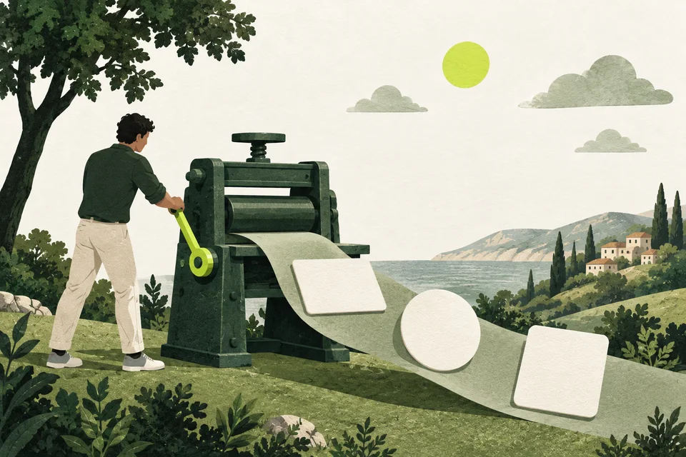 An anonymous figure operates a green press producing three different paper cards along a sage ribbon with a lime lever.
