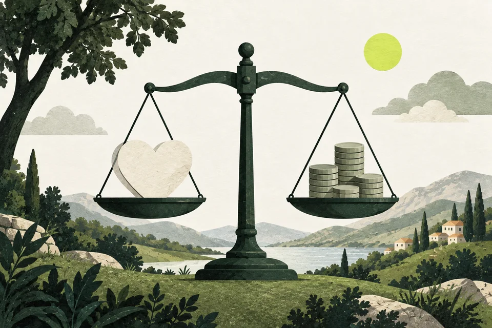 A green paper balance compares a cream heart and a stack of sage discs without currency symbols.