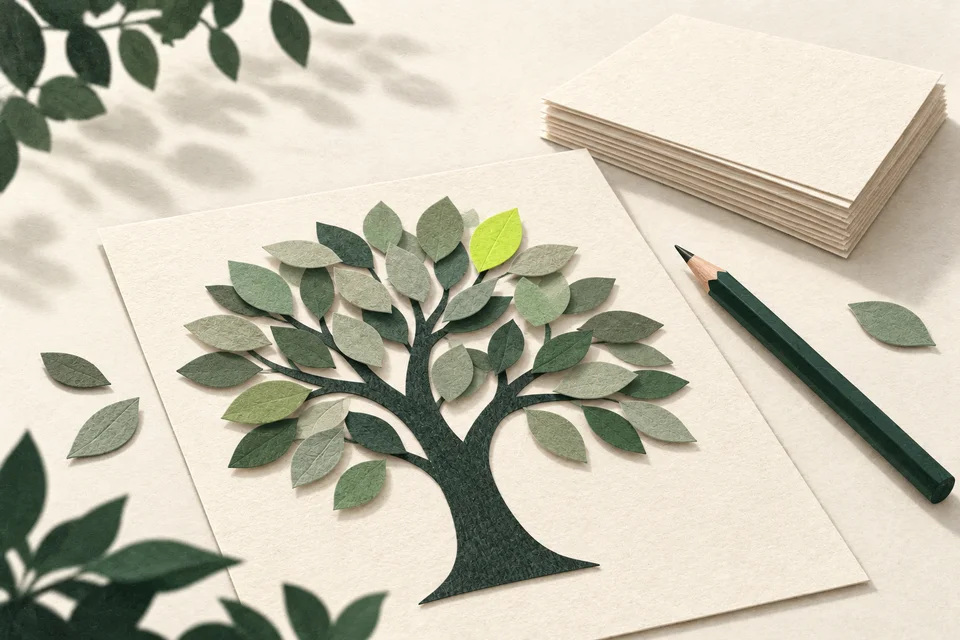 A green pencil beside a tree assembled from sage paper leaves and a small stack of sheets.