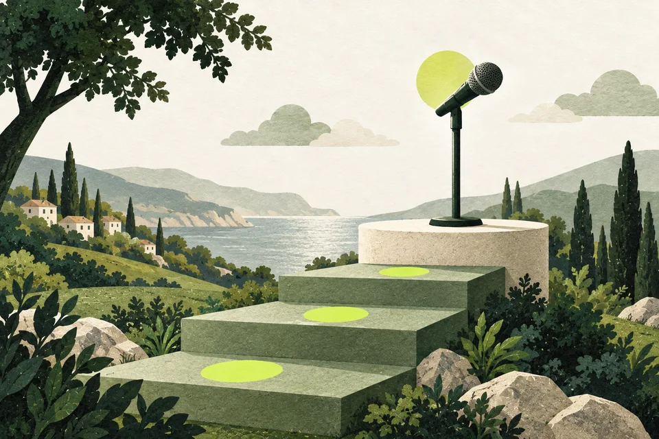 A green microphone on a small podium, reached by three sage steps and small lime markers.