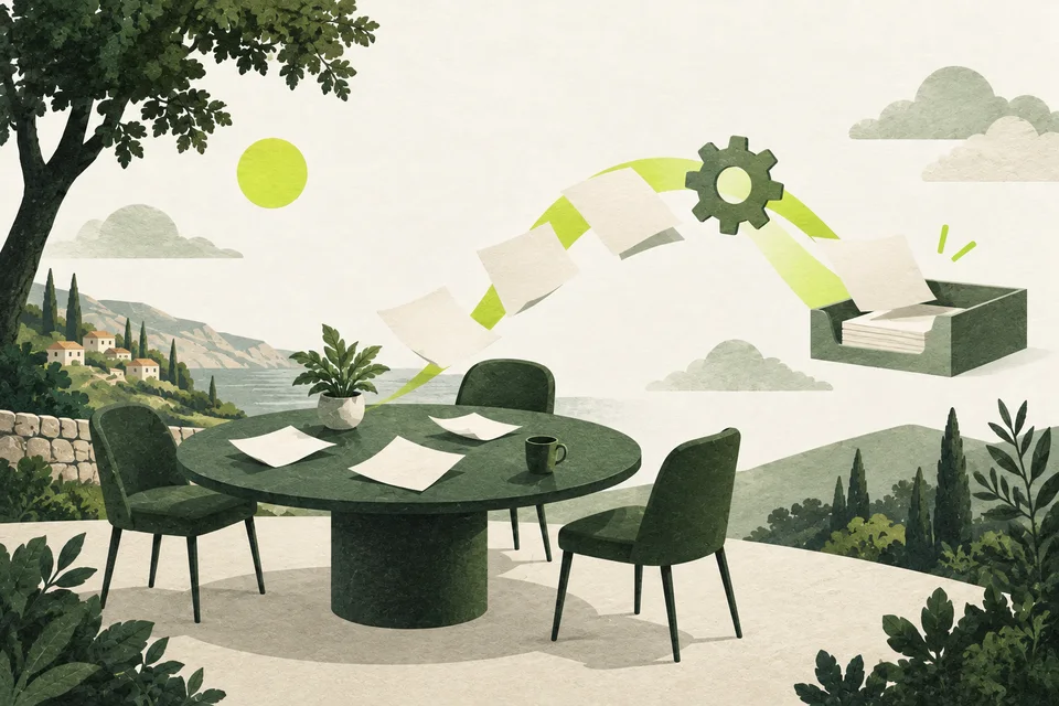 From a round table with three empty chairs, cream sheets follow a lime ribbon into a tidy sage tray.