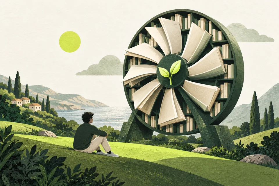 Unmarked books form a paper turbine with a lime sprout at its centre.