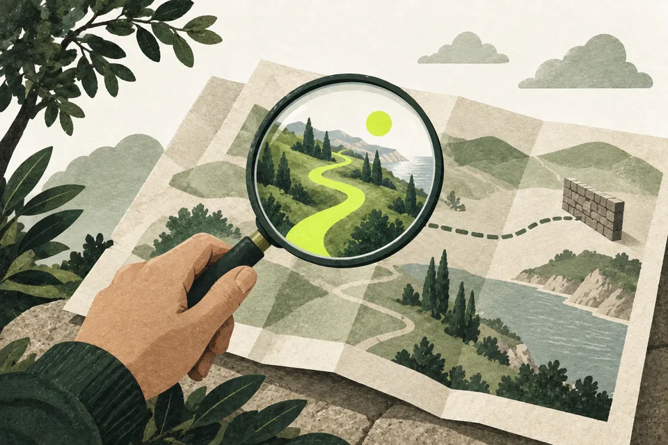 A magnifying glass over a map reveals a lime route different from a road ending at a wall.