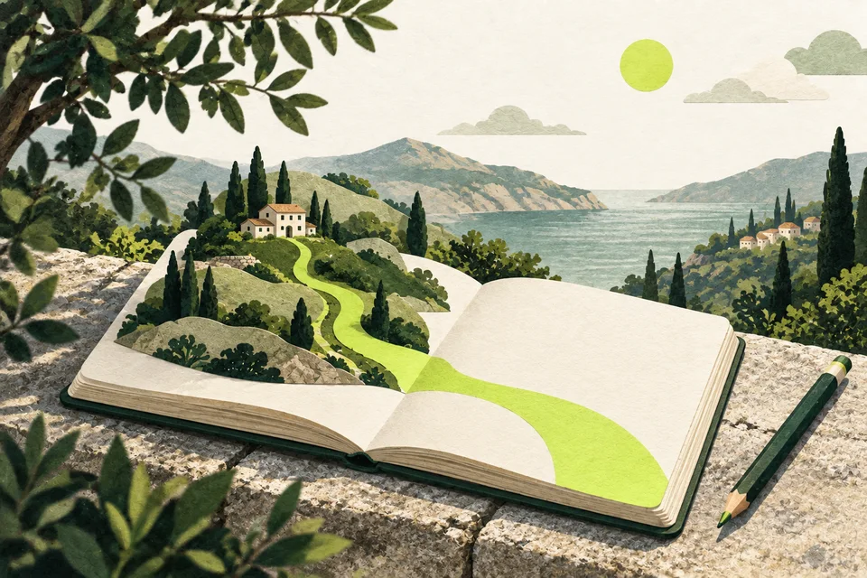 An open notebook with hills, a small house and a lime path rising from its pages, beside a green pencil.