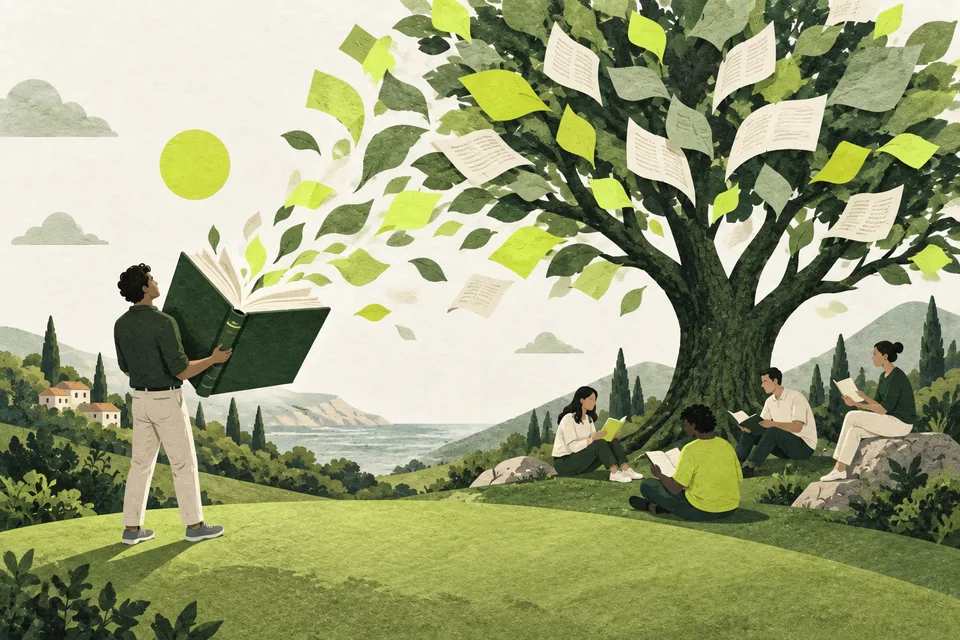 An open book releases green and lime leaves toward a branching tree.
