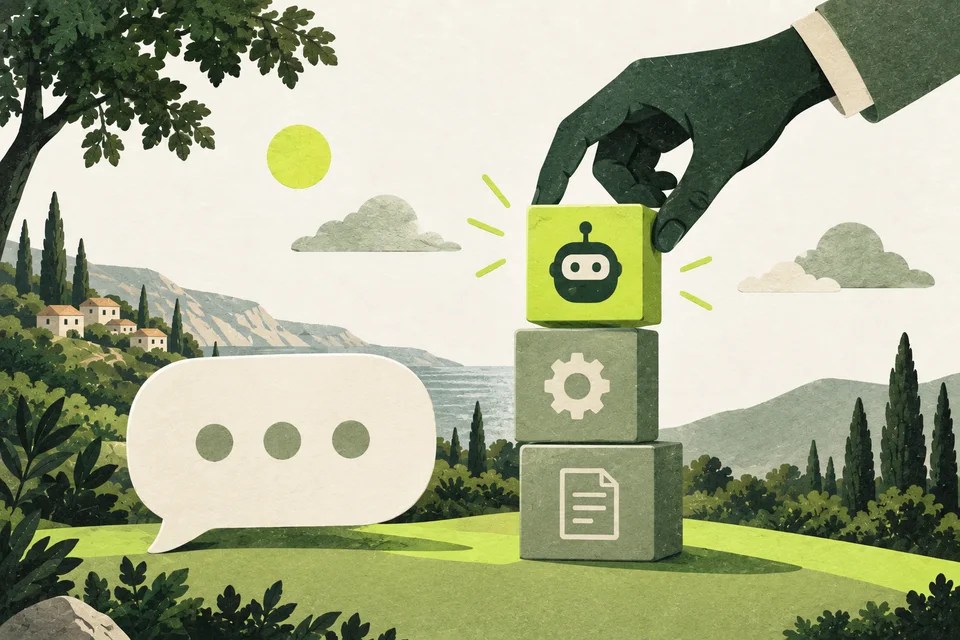 A hand stacks illustrated blocks beside a speech bubble.