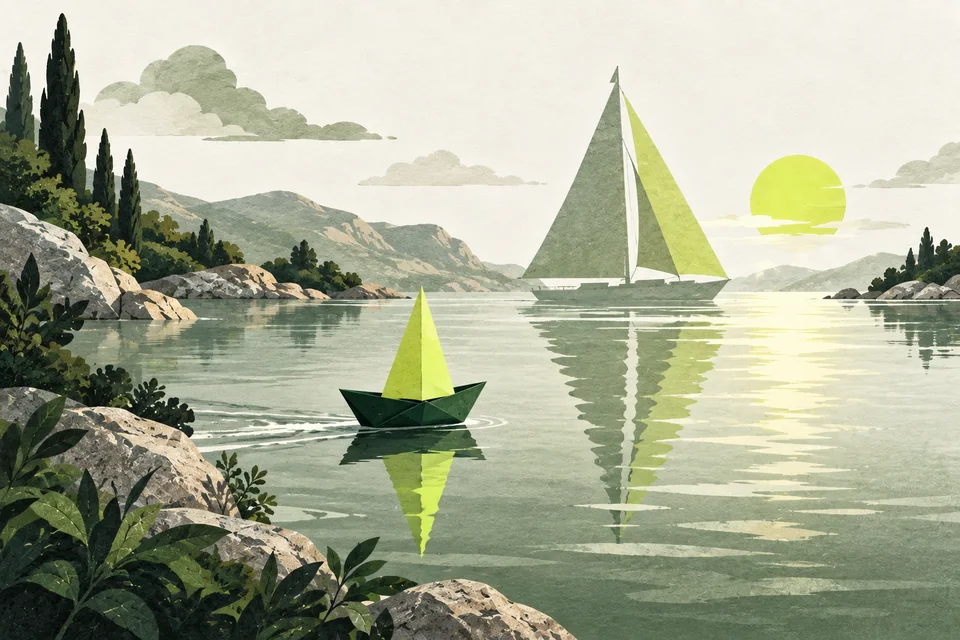 Una piccola barca di carta con vela lime naviga verso una barca più grande su acqua calma.