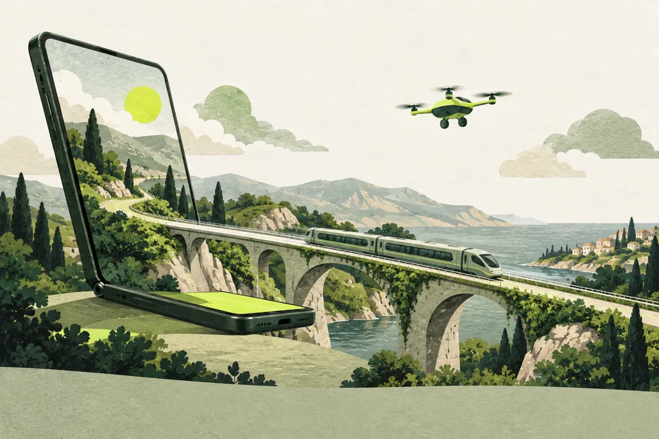 A folding smartphone opens into a bridge with a small train and drone.