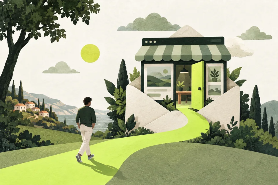 Un piccolo negozio di carta emerge da una busta con una porta lime.