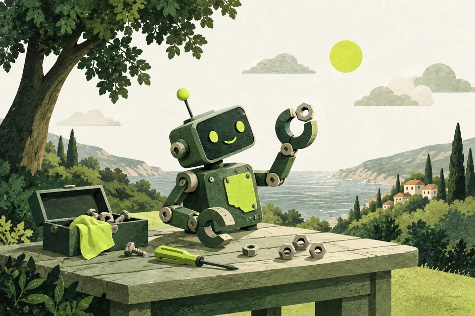 A small paper robot with a lime patch sits on a laboratory bench.