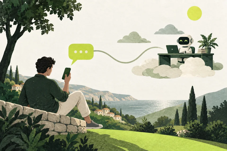 A smartphone with a lime speech bubble is linked to a small robot on a desk.
