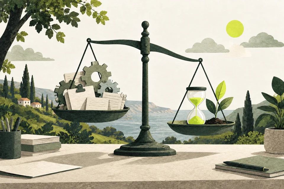 A green balance scale weighs gears and blank cards against a lime hourglass and a leaf.