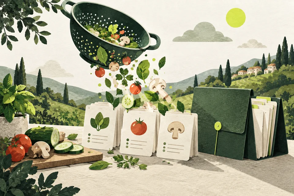 A colander turns paper vegetables into cards beside a folded portfolio.