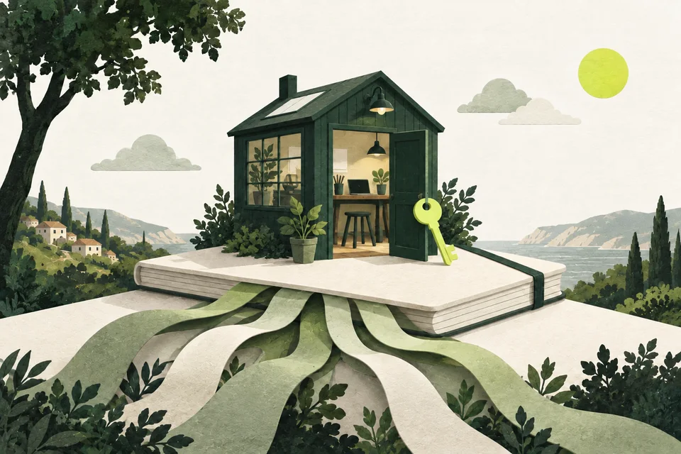 A small green workshop rests on a cream notebook with root-like ribbons beneath it and a lime key beside its door.