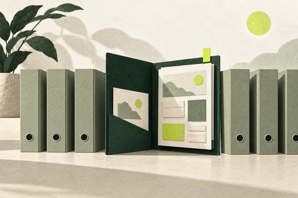 An open portfolio with a paper page layout and lime tab stands out among closed folders.