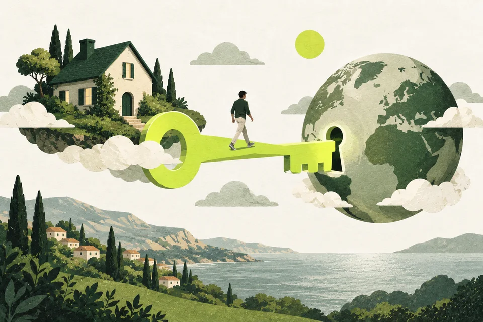 A paper house and a globe are connected by a lime key-shaped bridge.