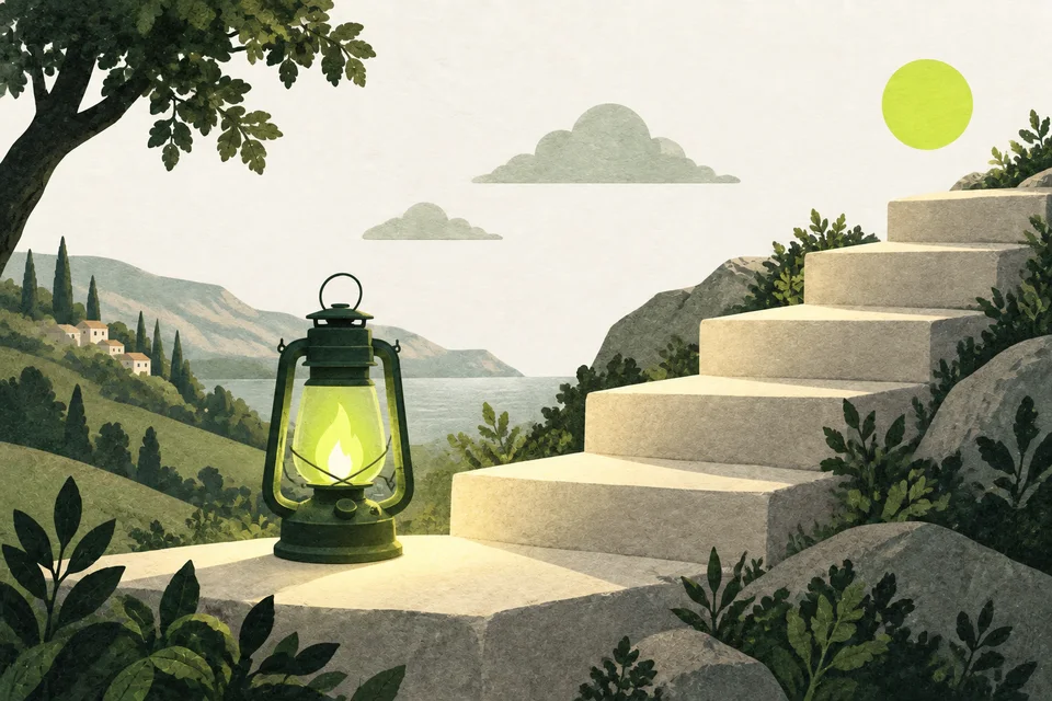 A small green lamp with a lime flame lights a few paper steps.