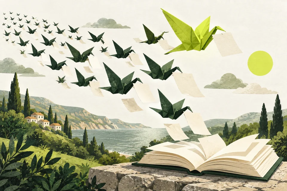 Gru di carta verdi portano fogli verso un libro aperto, guidate da una gru lime.