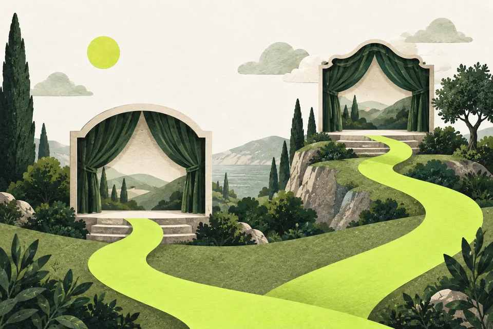 Due piccoli palchi di carta con tende verdi e percorsi lime diversi.