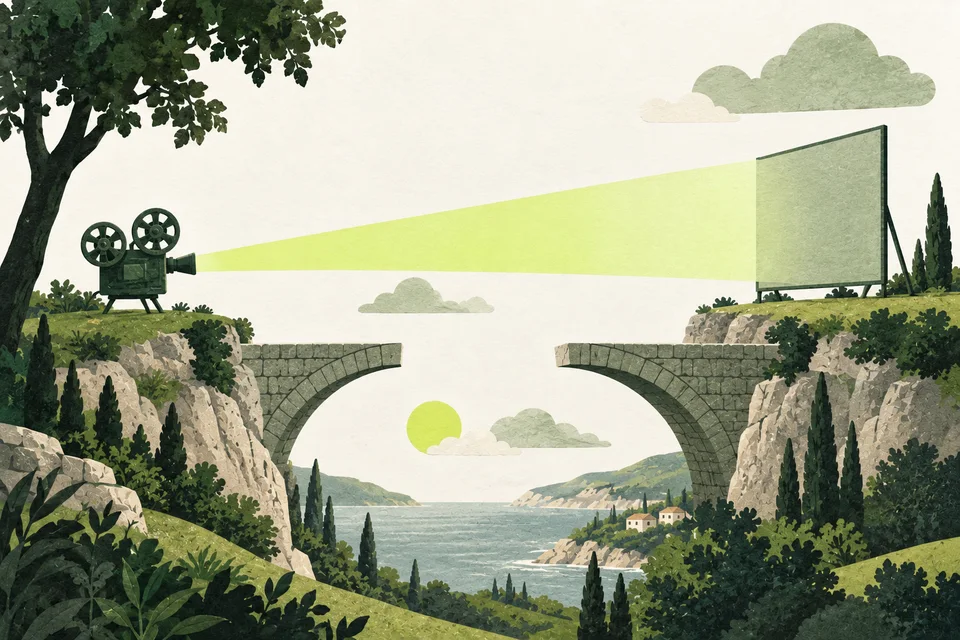 A green paper projector lights a distant screen beyond an unfinished bridge.