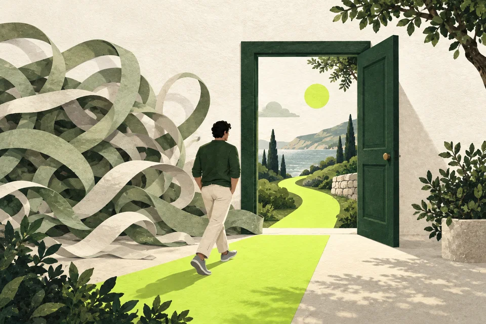 A figure seen from behind passes through a green doorway, from tangled ribbons to a lime path.
