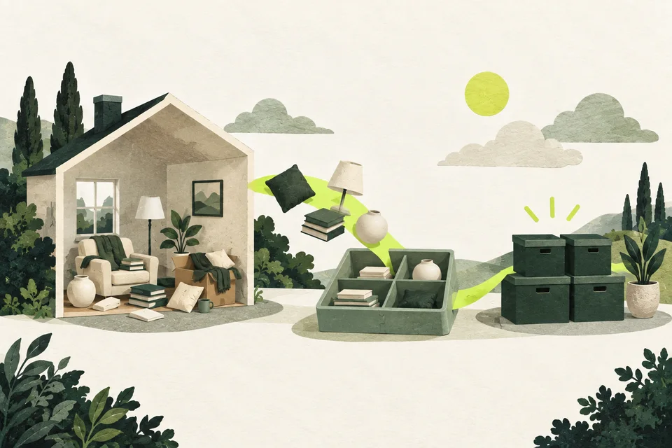 An open house with scattered belongings, a sorting tray and tidy boxes linked by a lime-green ribbon.