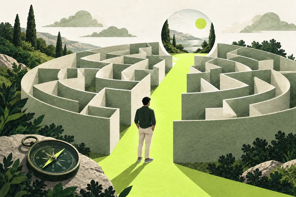 A paper maze opens onto one lime path beside a small compass.