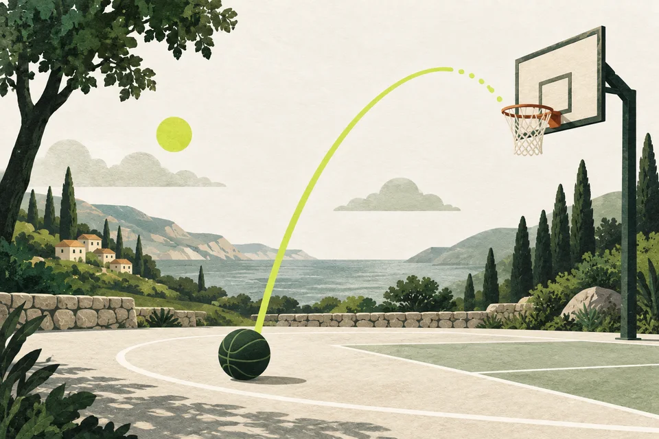 Una palla da basket verde si ferma prima di un canestro su un campo di carta crema.