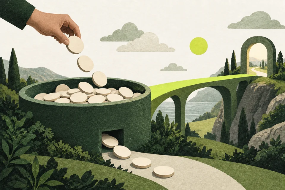 Dischi simili a monete entrano ed escono da un contenitore verde, vicino a un ponte lime verso un varco.
