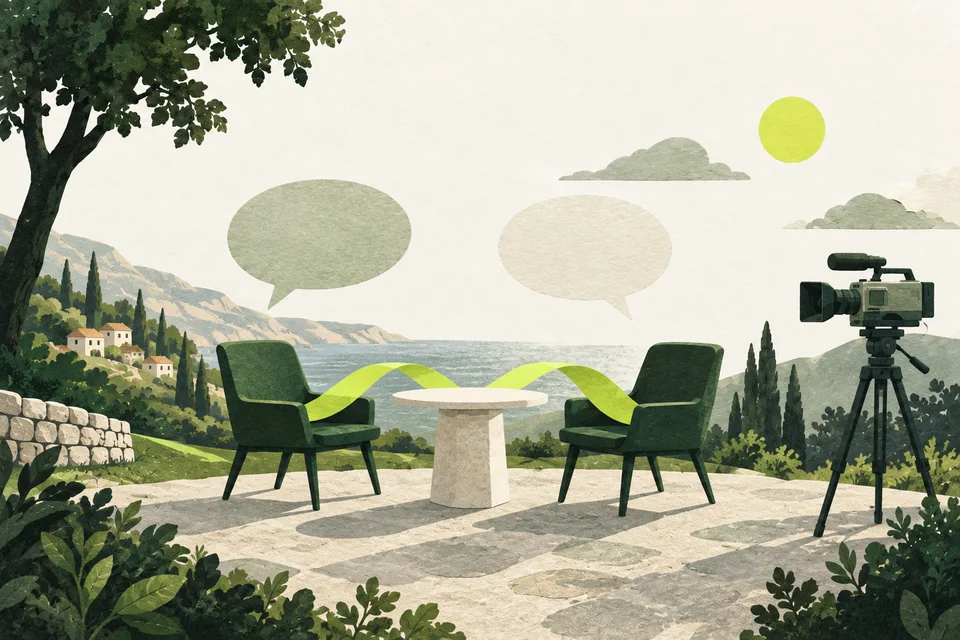 Two empty chairs face each other, linked by a lime ribbon, while a green film camera sits to one side.