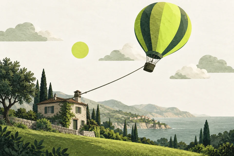 A lime hot-air balloon tries to rise while tethered to a paper house.