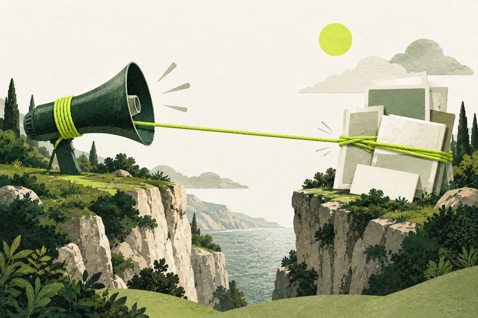 A megaphone and a stack of cards are linked by a lime cord stretched across a gap.
