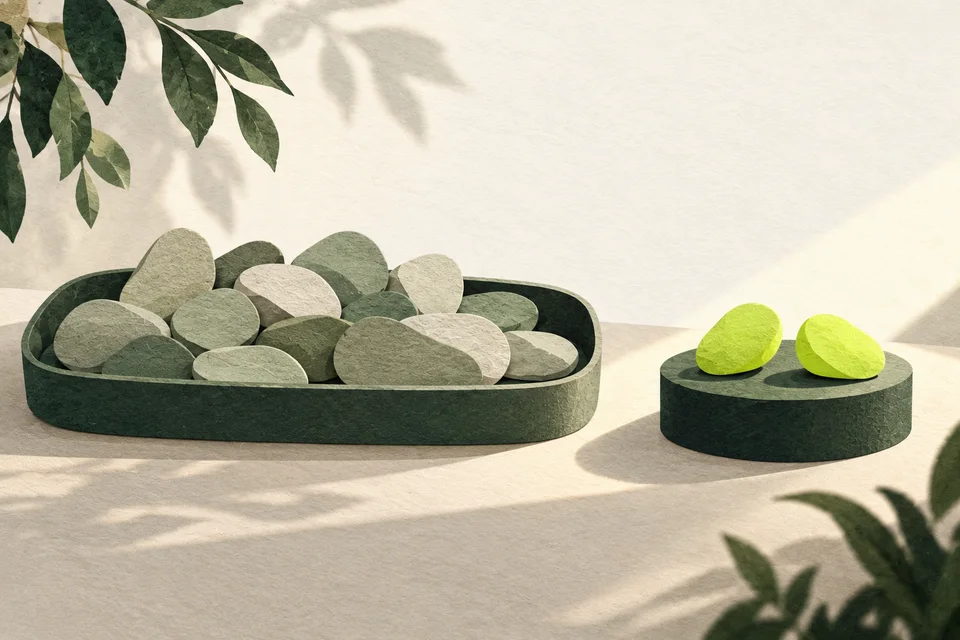 Two lime paper pebbles stand apart on a small green pedestal beside a tray of sage pebbles.