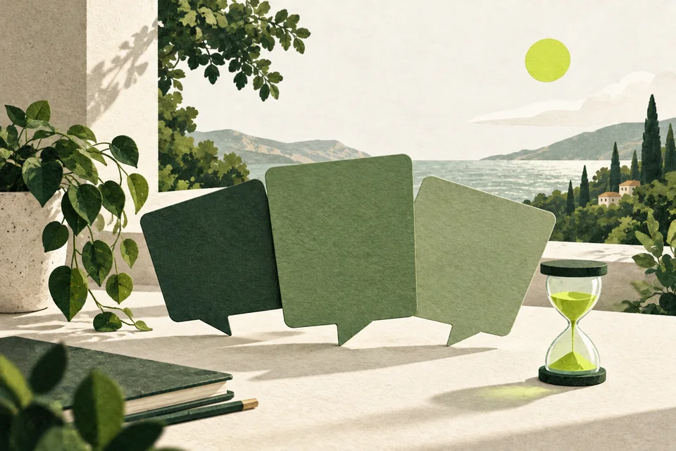 Three blank green cards fanned over a cream table beside a small lime hourglass.