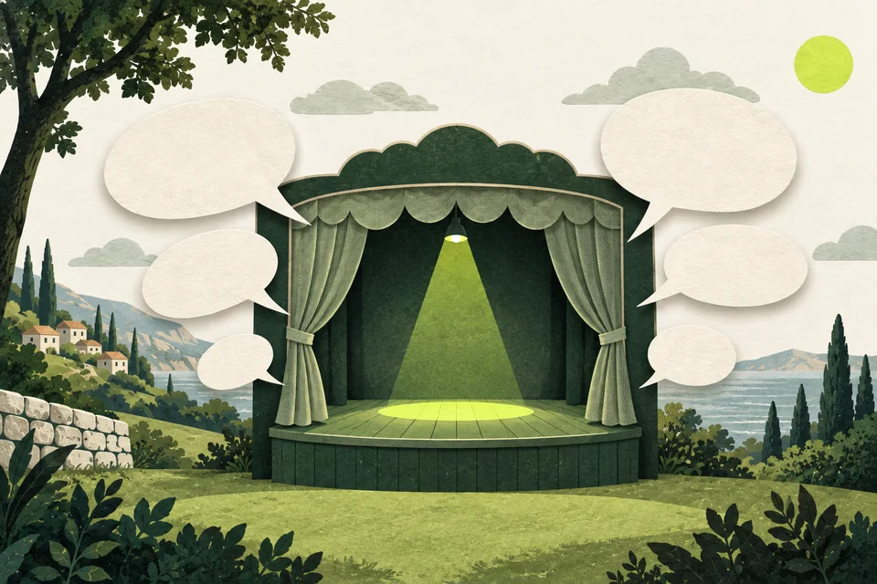 Un teatrino vuoto con tende salvia, palco verde e fumetti senza testo all’esterno.