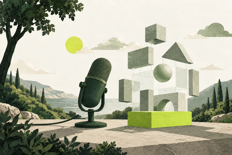 Un microfono affianca un cubo scomposto in forme geometriche, con una base lime.