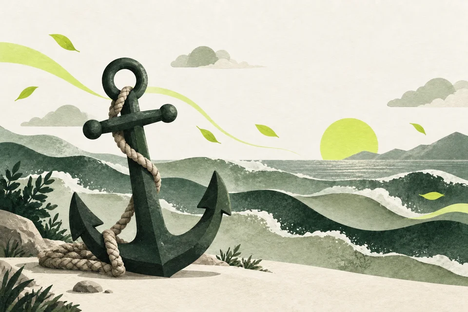 A green anchor rests before sage paper waves and small lime shapes.