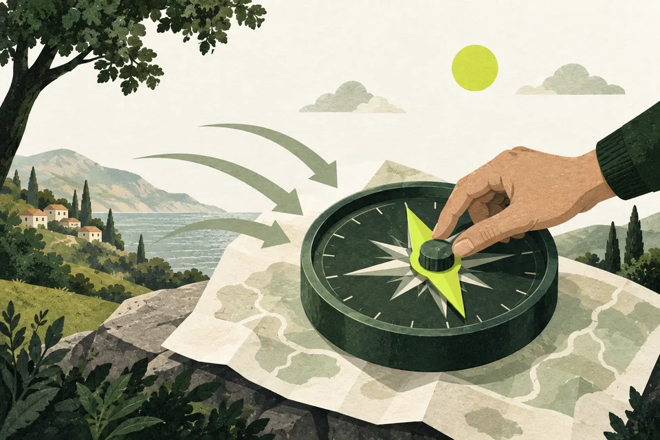 A hand turns the knob of a green compass on a cream map, towards which sage arrows converge.